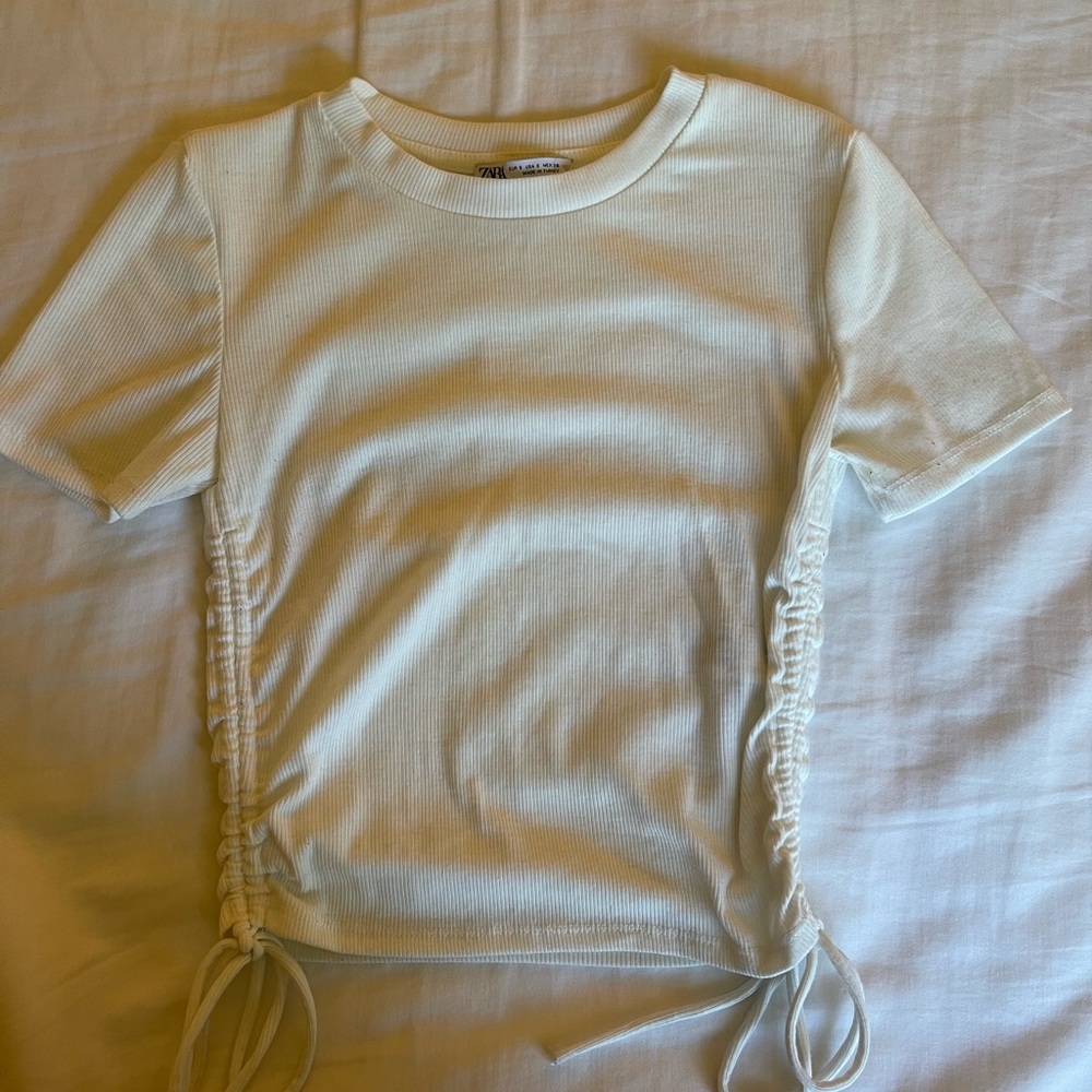 white ruched short sleeve tee with ties from zara